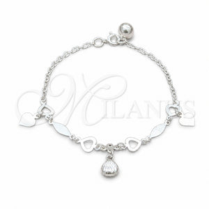 Pulsera de Dije 03.409.0097.08 Plata Rodinada, Diseño de Corazón y Concha, Pulido, Tono Plateado (Grosor 01 MM, 8 Pulgadas de Largo)