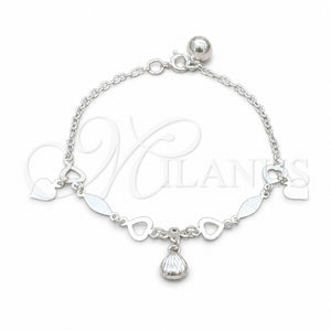 Pulsera de Dije 03.409.0097.08 Plata Rodinada, Diseño de Corazón y Concha, Pulido, Tono Plateado (Grosor 01 MM, 8 Pulgadas de Largo)