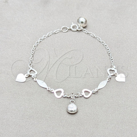 Pulsera de Dije 03.409.0097.08 Plata Rodinada, Diseño de Corazón y Concha, Pulido, Tono Plateado (Grosor 01 MM, 8 Pulgadas de Largo)