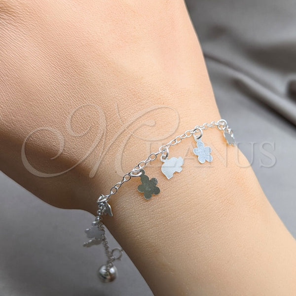Pulsera de Dije 03.409.0103.08 Plata Rodinada, Diseño de Flor y Elefante, Pulido, Tono Plateado (Grosor 01 MM, 8 Pulgadas de Largo)