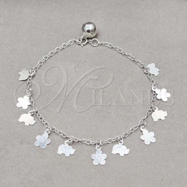 Pulsera de Dije 03.409.0103.08 Plata Rodinada, Diseño de Flor y Elefante, Pulido, Tono Plateado (Grosor 01 MM, 8 Pulgadas de Largo)