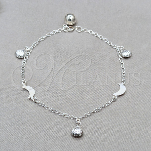 Pulsera de Dije 03.409.0105.08 Plata Rodinada, Diseño de Concha y Luna, Pulido, Tono Plateado (Grosor 01 MM, 8 Pulgadas de Largo)
