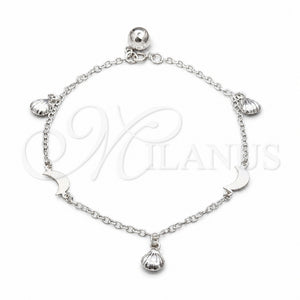 Pulsera de Dije 03.409.0105.08 Plata Rodinada, Diseño de Concha y Luna, Pulido, Tono Plateado (Grosor 01 MM, 8 Pulgadas de Largo)