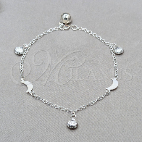 Pulsera de Dije 03.409.0105.08 Plata Rodinada, Diseño de Concha y Luna, Pulido, Tono Plateado (Grosor 01 MM, 8 Pulgadas de Largo)