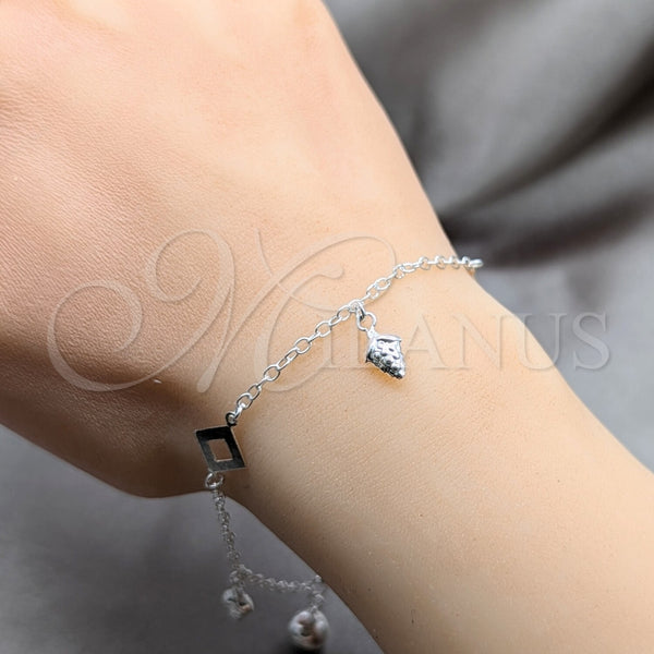 Pulsera de Dije 03.409.0106.08 Plata Rodinada, Diseño de Uva y Square Franco, Pulido, Tono Plateado (Grosor 01 MM, 8 Pulgadas de Largo)