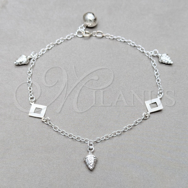 Pulsera de Dije 03.409.0106.08 Plata Rodinada, Diseño de Uva y Square Franco, Pulido, Tono Plateado (Grosor 01 MM, 8 Pulgadas de Largo)