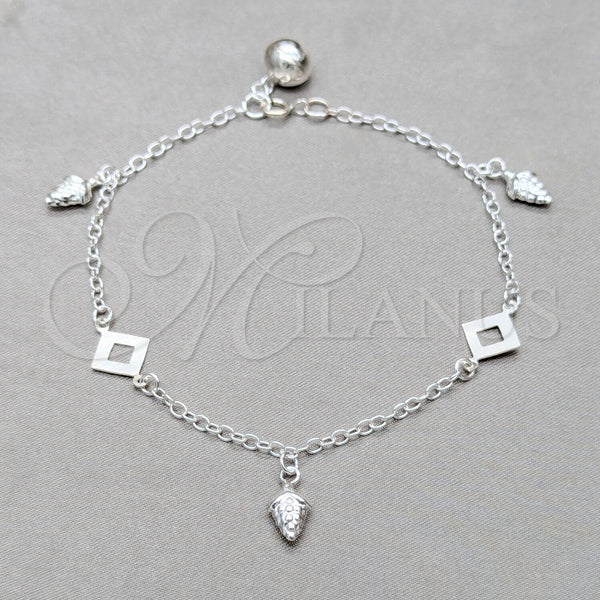 Pulsera de Dije 03.409.0106.08 Plata Rodinada, Diseño de Uva y Square Franco, Pulido, Tono Plateado (01 MM Thickness, 8 Inches Length)