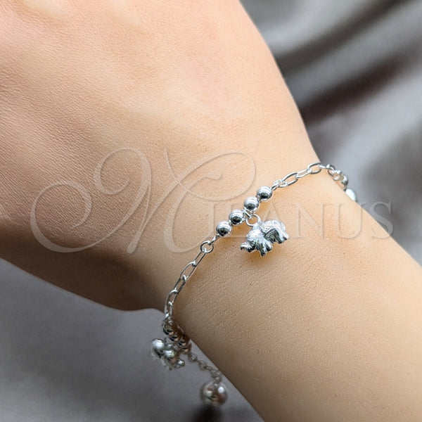 Pulsera de Dije 03.409.0107.08 Plata Rodinada, Diseño de Elefante y Bola, Pulido, Tono Plateado (Grosor 01 MM, 8 Pulgadas de Largo)