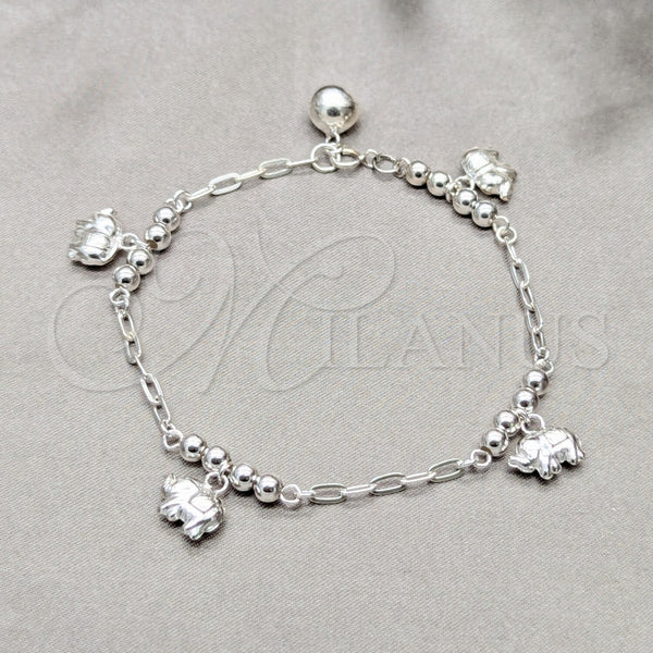 Pulsera de Dije 03.409.0107.08 Plata Rodinada, Diseño de Elefante y Bola, Pulido, Tono Plateado (Grosor 01 MM, 8 Pulgadas de Largo)