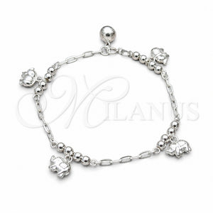 Pulsera de Dije 03.409.0107.08 Plata Rodinada, Diseño de Elefante y Bola, Pulido, Tono Plateado (Grosor 01 MM, 8 Pulgadas de Largo)