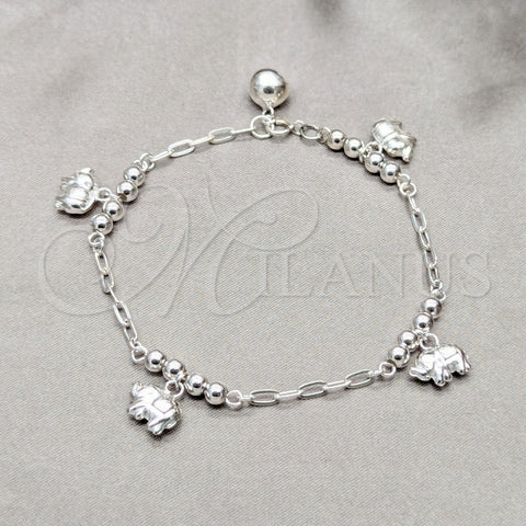 Pulsera de Dije 03.409.0107.08 Plata Rodinada, Diseño de Elefante y Bola, Pulido, Tono Plateado (Grosor 01 MM, 8 Pulgadas de Largo)