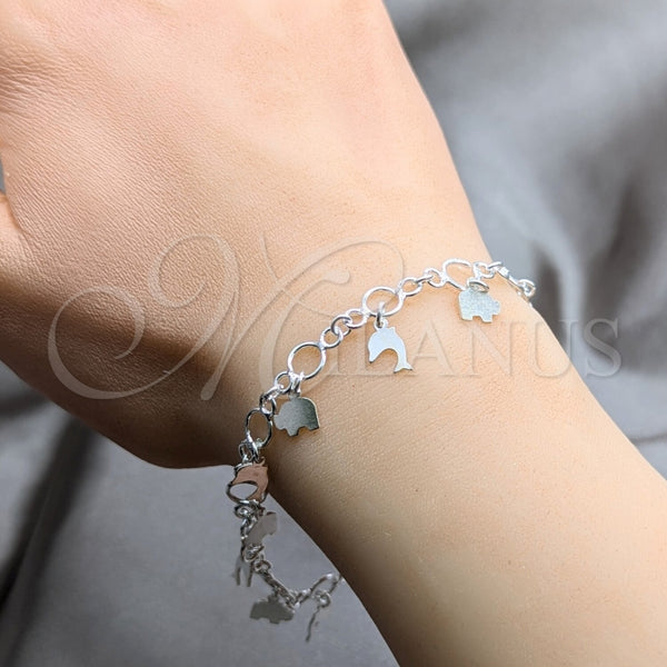 Pulsera de Dije 03.409.0109.08 Plata Rodinada, Diseño de Elefante y Delfín, Pulido, Tono Plateado (Grosor 01 MM, 8 Pulgadas de Largo)