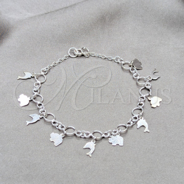 Pulsera de Dije 03.409.0109.08 Plata Rodinada, Diseño de Elefante y Delfín, Pulido, Tono Plateado (Grosor 01 MM, 8 Pulgadas de Largo)