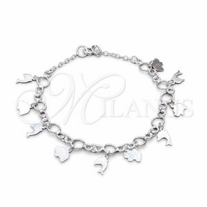 Pulsera de Dije 03.409.0109.08 Plata Rodinada, Diseño de Elefante y Delfín, Pulido, Tono Plateado (Grosor 01 MM, 8 Pulgadas de Largo)