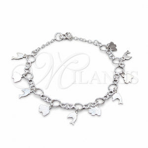 Pulsera de Dije 03.409.0109.08 Plata Rodinada, Diseño de Elefante y Delfín, Pulido, Tono Plateado (Grosor 01 MM, 8 Pulgadas de Largo)