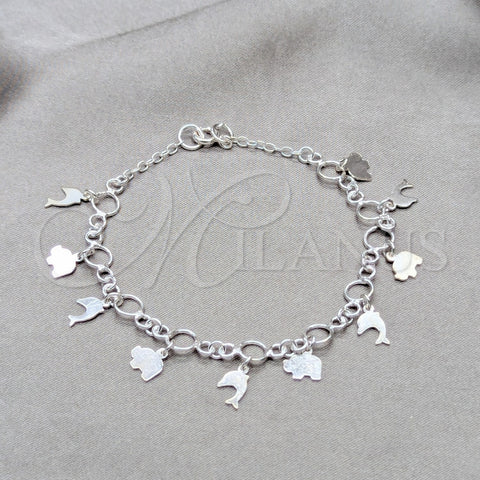 Pulsera de Dije 03.409.0109.08 Plata Rodinada, Diseño de Elefante y Delfín, Pulido, Tono Plateado (Grosor 01 MM, 8 Pulgadas de Largo)