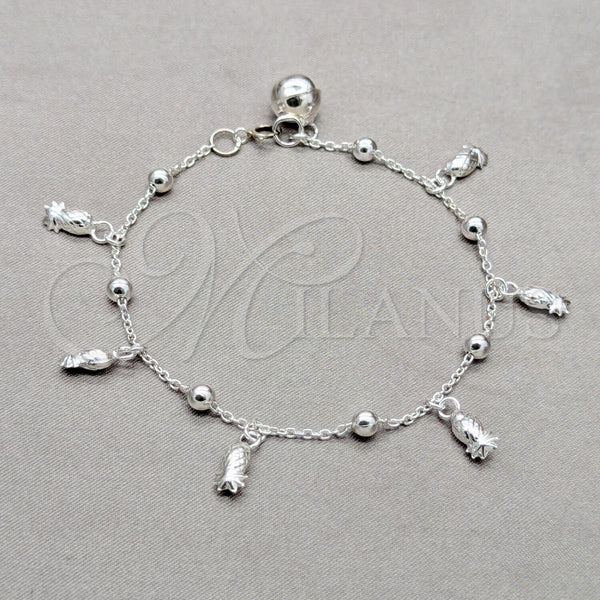 Pulsera de Dije 03.409.0113.08 Plata Rodinada, Diseño de Uva y Bola, Pulido, Tono Plateado (Grosor 01 MM, 8 Pulgadas de Largo)