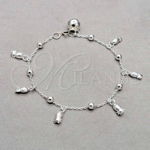 Pulsera de Dije 03.409.0113.08 Plata Rodinada, Diseño de Uva y Bola, Pulido, Tono Plateado (Grosor 01 MM, 8 Pulgadas de Largo)