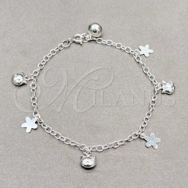 Pulsera de Dije 03.409.0116.08 Plata Rodinada, Diseño de Flor y Gato, Pulido, Tono Plateado (Grosor 01 MM, 8 Pulgadas de Largo)