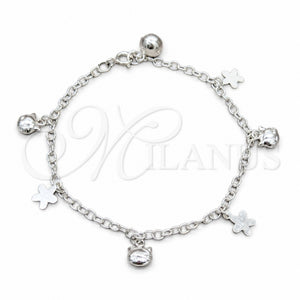 Pulsera de Dije 03.409.0116.08 Plata Rodinada, Diseño de Flor y Gato, Pulido, Tono Plateado (Grosor 01 MM, 8 Pulgadas de Largo)