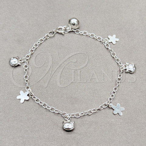 Pulsera de Dije 03.409.0116.08 Plata Rodinada, Diseño de Flor y Gato, Pulido, Tono Plateado (Grosor 01 MM, 8 Pulgadas de Largo)