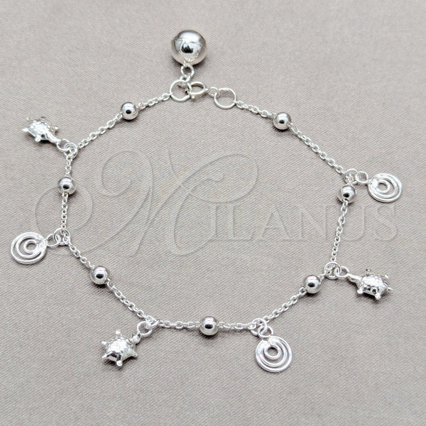 Pulsera de Dije 03.409.0117.08 Plata Rodinada, Diseño de Tortuga y Bola, Pulido, Tono Plateado (Grosor 01 MM, 8 Pulgadas de Largo)