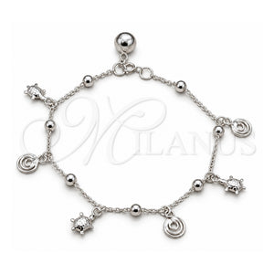 Pulsera de Dije 03.409.0117.08 Plata Rodinada, Diseño de Tortuga y Bola, Pulido, Tono Plateado (Grosor 01 MM, 8 Pulgadas de Largo)