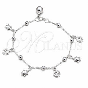 Pulsera de Dije 03.409.0117.08 Plata Rodinada, Diseño de Tortuga y Bola, Pulido, Tono Plateado (Grosor 01 MM, 8 Pulgadas de Largo)