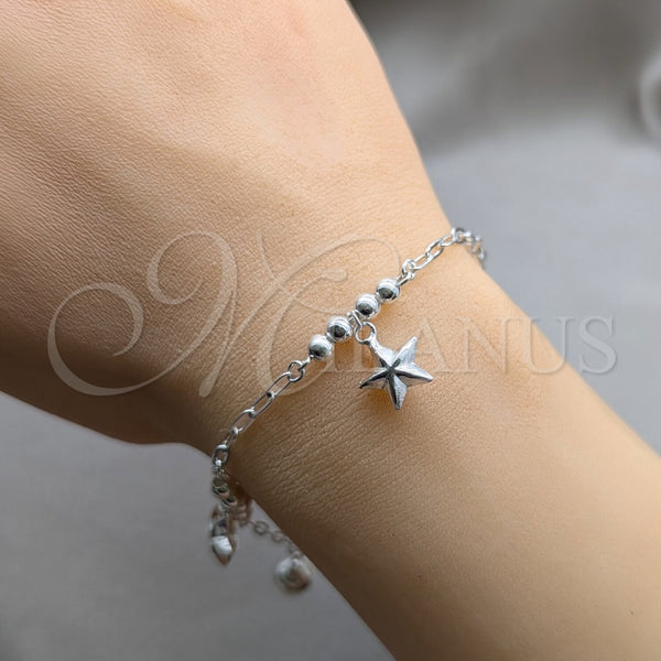 Pulsera de Dije 03.409.0118.08 Plata Rodinada, Diseño de Estrella y Bola, Pulido, Tono Plateado (Grosor 01 MM, 8 Pulgadas de Largo)