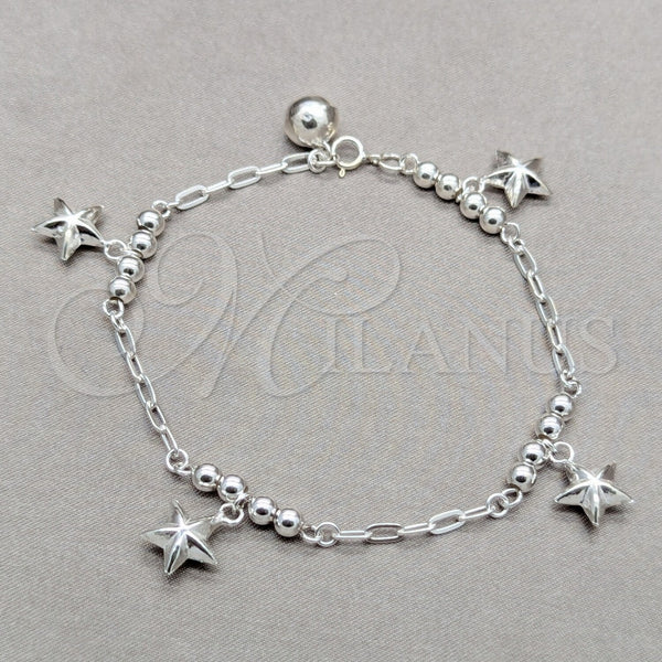 Pulsera de Dije 03.409.0118.08 Plata Rodinada, Diseño de Estrella y Bola, Pulido, Tono Plateado (Grosor 01 MM, 8 Pulgadas de Largo)