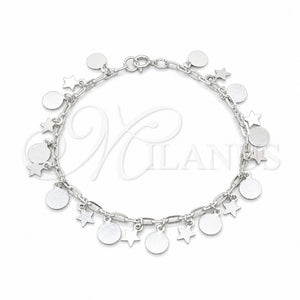 Pulsera de Dije 03.409.0119.08 Plata Rodinada, Diseño de Estrella y Paperclip, Pulido, Tono Plateado (Grosor 01 MM, 8 Pulgadas de Largo)