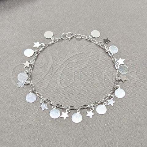 Pulsera de Dije 03.409.0119.08 Plata Rodinada, Diseño de Estrella y Paperclip, Pulido, Tono Plateado (Grosor 01 MM, 8 Pulgadas de Largo)