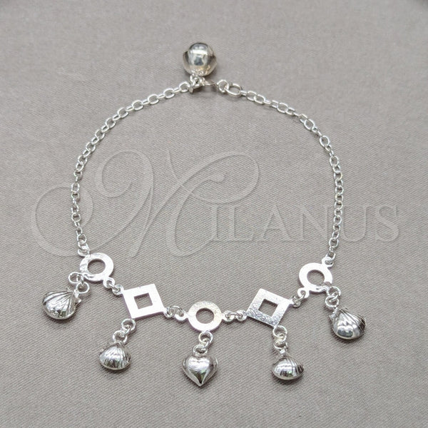 Pulsera de Dije 03.409.0120.08 Plata Rodinada, Diseño de Concha y Corazón, Pulido, Tono Plateado (Grosor 01 MM, 8 Pulgadas de Largo)