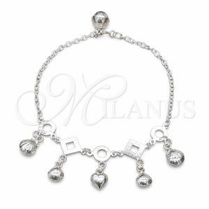 Pulsera de Dije 03.409.0120.08 Plata Rodinada, Diseño de Concha y Corazón, Pulido, Tono Plateado (Grosor 01 MM, 8 Pulgadas de Largo)