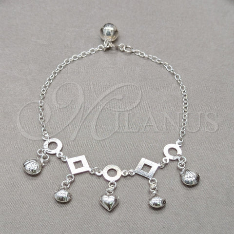 Pulsera de Dije 03.409.0120.08 Plata Rodinada, Diseño de Concha y Corazón, Pulido, Tono Plateado (Grosor 01 MM, 8 Pulgadas de Largo)