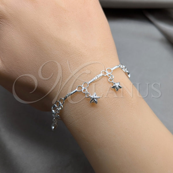Pulsera de Dije 03.409.0121.08 Plata Rodinada, Diseño de Estrella, Pulido, Tono Plateado (Grosor 01 MM, 8 Pulgadas de Largo)