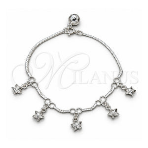 Pulsera de Dije 03.409.0121.08 Plata Rodinada, Diseño de Estrella, Pulido, Tono Plateado (Grosor 01 MM, 8 Pulgadas de Largo)
