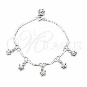 Pulsera de Dije 03.409.0121.08 Plata Rodinada, Diseño de Estrella, Pulido, Tono Plateado (Grosor 01 MM, 8 Pulgadas de Largo)