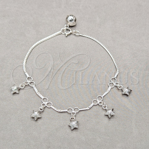 Pulsera de Dije 03.409.0121.08 Plata Rodinada, Diseño de Estrella, Pulido, Tono Plateado (Grosor 01 MM, 8 Pulgadas de Largo)