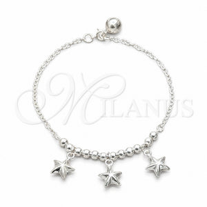 Pulsera de Dije 03.409.0122.08 Plata Rodinada, Diseño de Estrella y Bola, Pulido, Tono Plateado (Grosor 01 MM, 8 Pulgadas de Largo)