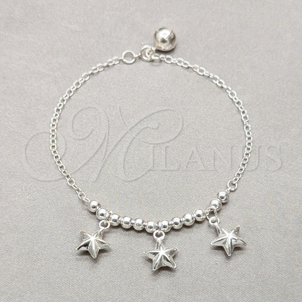 Pulsera de Dije 03.409.0122.08 Plata Rodinada, Diseño de Estrella y Bola, Pulido, Tono Plateado (Grosor 01 MM, 8 Pulgadas de Largo)