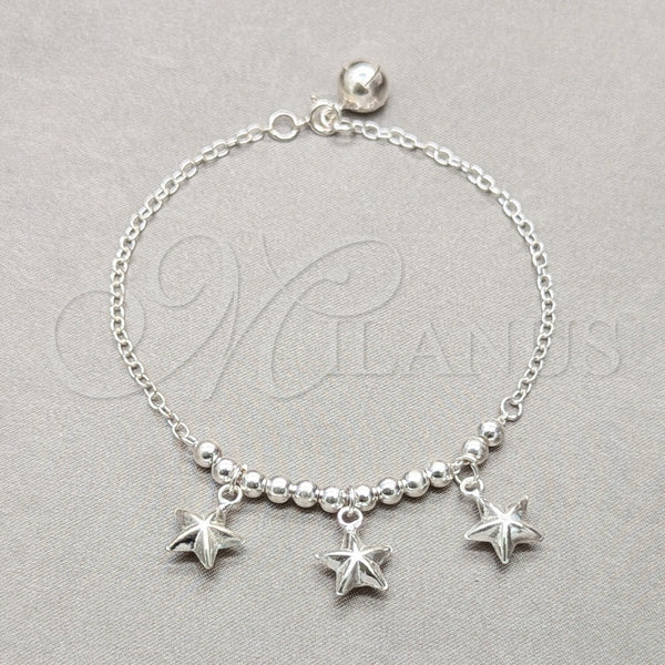 Pulsera de Dije 03.409.0122.08 Plata Rodinada, Diseño de Estrella y Bola, Pulido, Tono Plateado (01 MM Thickness, 8 Inches Length)