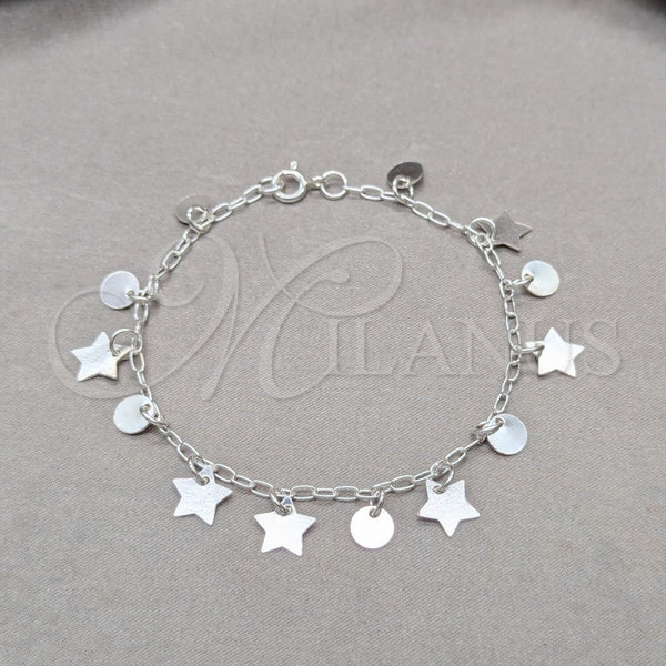 Pulsera de Dije 03.409.0124.07 Plata Rodinada, Diseño de Estrella, Pulido, Tono Plateado (Grosor 01 MM, 7 Pulgadas de Largo)