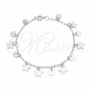 Pulsera de Dije 03.409.0124.07 Plata Rodinada, Diseño de Estrella, Pulido, Tono Plateado (Grosor 01 MM, 7 Pulgadas de Largo)