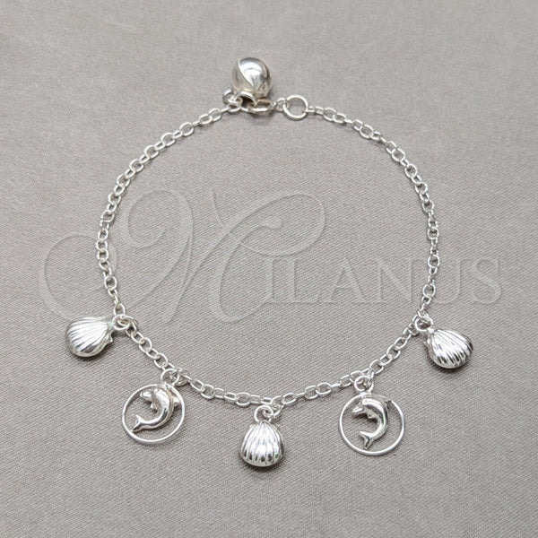 Pulsera de Dije 03.409.0125.07 Plata Rodinada, Diseño de Concha y Delfín, Pulido, Tono Plateado (Grosor 01 MM, 7 Pulgadas de Largo)