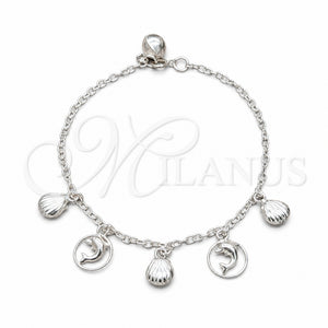 Pulsera de Dije 03.409.0125.07 Plata Rodinada, Diseño de Concha y Delfín, Pulido, Tono Plateado (Grosor 01 MM, 7 Pulgadas de Largo)