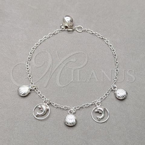 Pulsera de Dije 03.409.0125.07 Plata Rodinada, Diseño de Concha y Delfín, Pulido, Tono Plateado (Grosor 01 MM, 7 Pulgadas de Largo)