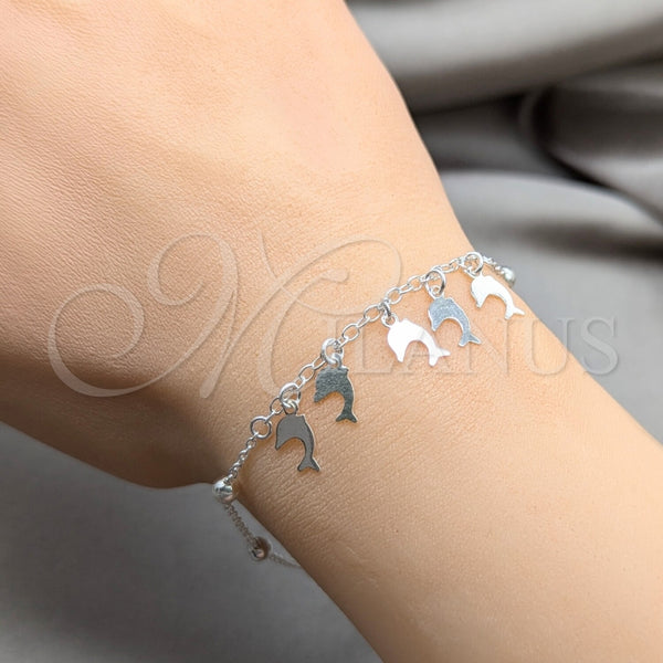 Pulsera de Dije 03.409.0126.07 Plata Rodinada, Diseño de Delfín y Bola, Pulido, Tono Plateado (Grosor 01 MM, 7 Pulgadas de Largo)