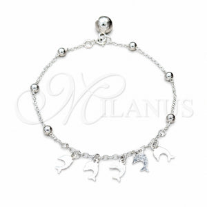 Pulsera de Dije 03.409.0126.07 Plata Rodinada, Diseño de Delfín y Bola, Pulido, Tono Plateado (Grosor 01 MM, 7 Pulgadas de Largo)