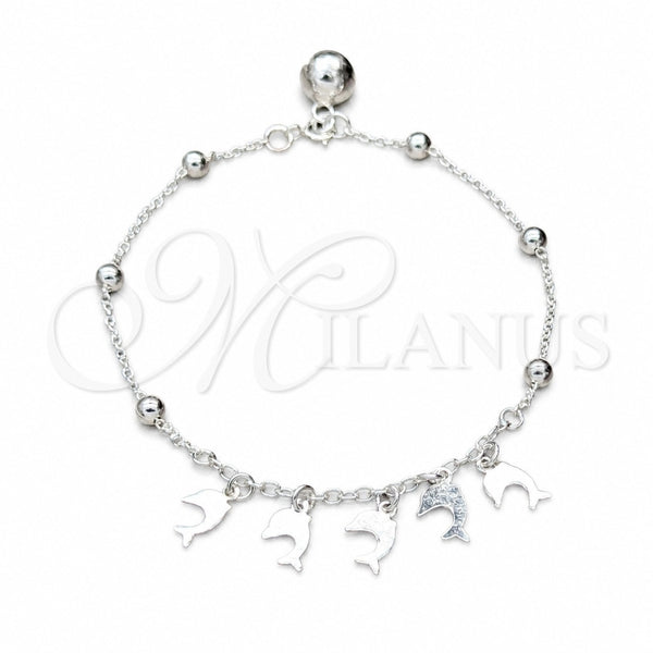Pulsera de Dije 03.409.0126.07 Plata Rodinada, Diseño de Delfín y Bola, Pulido, Tono Plateado (Grosor 01 MM, 7 Pulgadas de Largo)